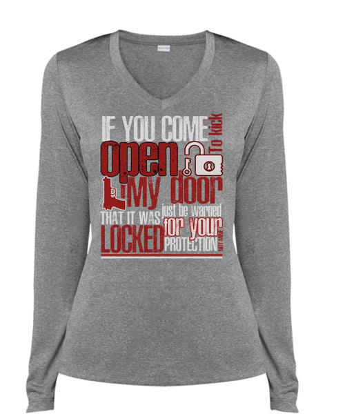 If You Come To Kick Open My Door T Shirt, Being A Gunner T Shirt, Cool Shirt (Ladies LS Heather V-Neck)
