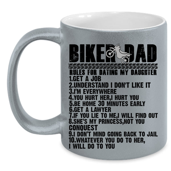 Cool Biker Dad Coffee Mug, Biker Dad Rules For Dating My Daughter Accent Mug