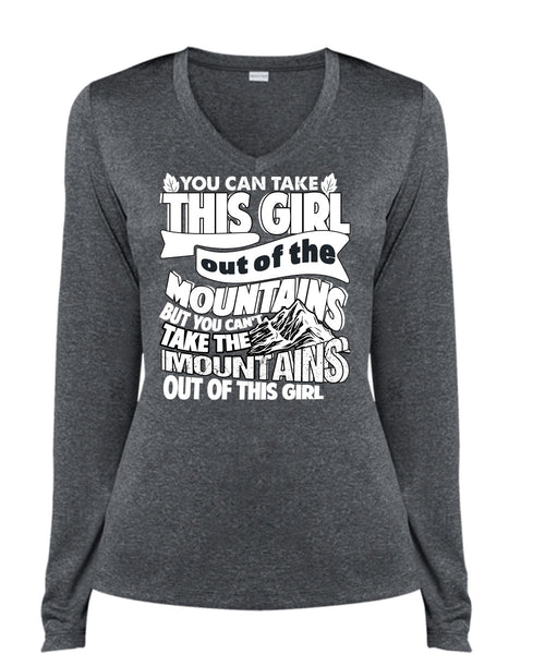 Mountains Out Of This Girl T Shirt, Being A Hiker T Shirt, Cool Shirt (Ladies LS Heather V-Neck)