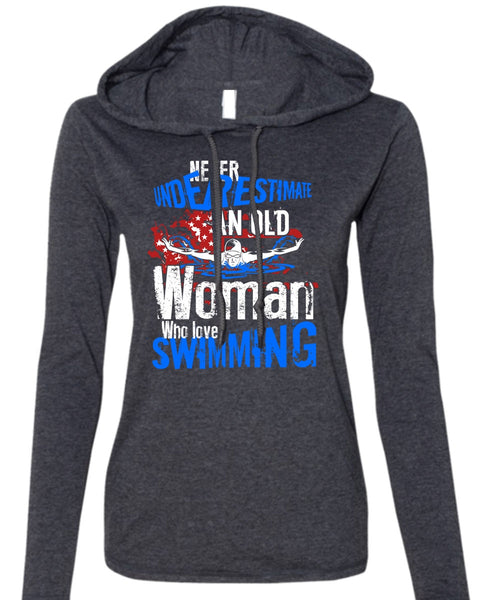 Old Woman Who Loves Swimming T Shirt, Being A Swimmer T Shirt (Anvil Ladies Ringspun Hooded)
