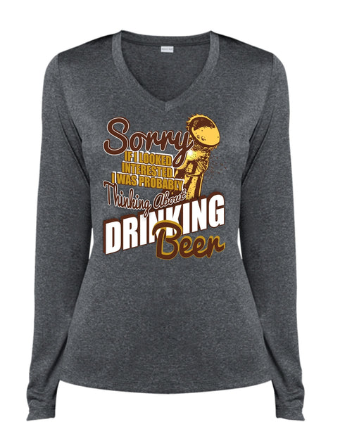 Drinking Beer T Shirt, Being A Drinker T Shirt, Cool Shirt (Ladies LS Heather V-Neck)