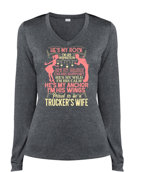 Proud To Be A Trucker's Wife T Shirt, I'm His Wings T Shirt, Cool Shirt (Ladies LS Heather V-Neck)