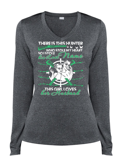 There Is This Hunter T Shirt, This Girl Loves Her Husband T Shirt, Cool Shirt (Ladies LS Heather V-Neck)