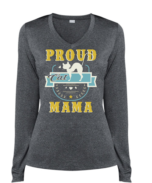 Proud Cat Mama T Shirt, I Love My Cat T Shirt, Cool Shirt (Ladies LS Heather V-Neck)