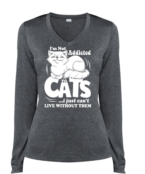 I'm Not Addicted To Cats T Shirt, My Favorite T Shirt, Cool Shirt (Ladies LS Heather V-Neck)