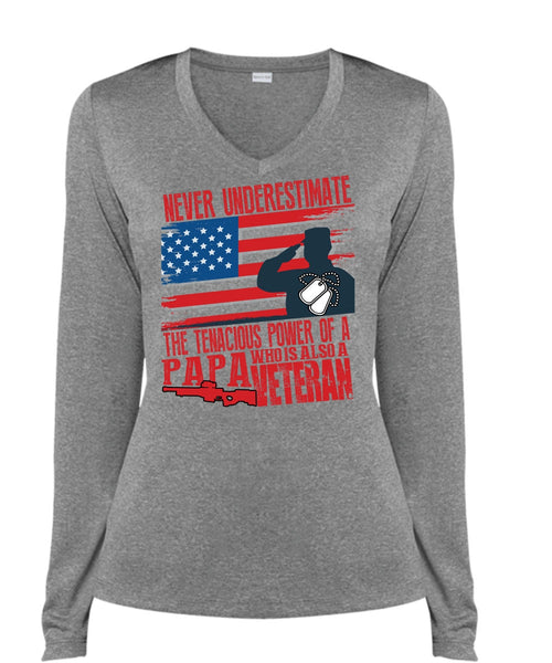 Papa Who Is Also A Veteran T Shirt, Being A Papa T Shirt, Cool Shirt (Ladies LS Heather V-Neck)