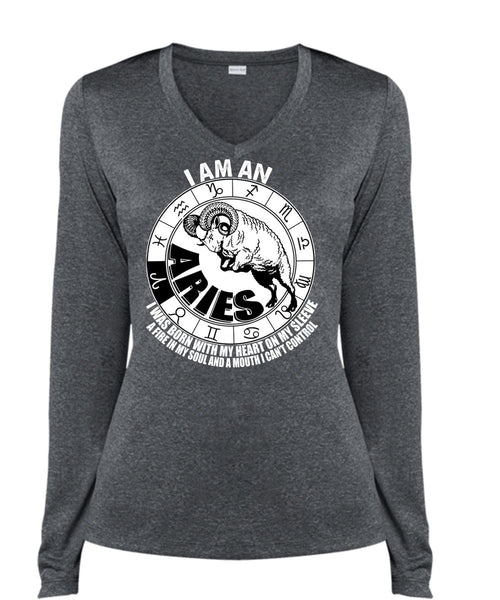 I Am An Aries T Shirt, Fire In My Soul T Shirt, Cool Shirt (Ladies LS Heather V-Neck)
