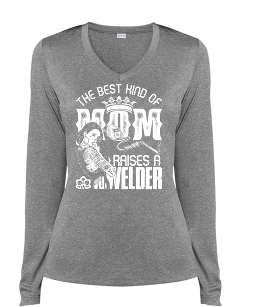 The Best Kind Of Mom T Shirt, Raises A Welder T Shirt, Cool Shirt (Ladies LS Heather V-Neck)