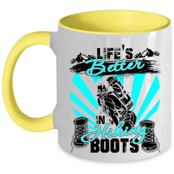 Cool Hiking Coffee Mug, Life's Better In Hiking Boots Accent Mug