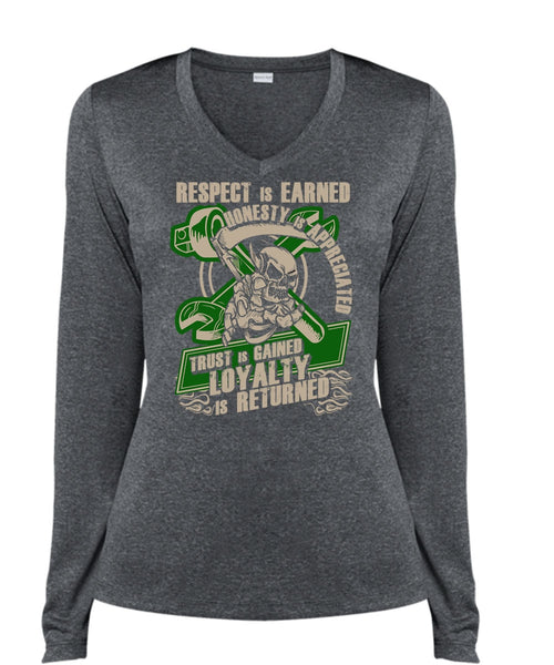 Respect Is Earned T Shirt, Being A Mechanic T Shirt, Cool Shirt (Ladies LS Heather V-Neck)