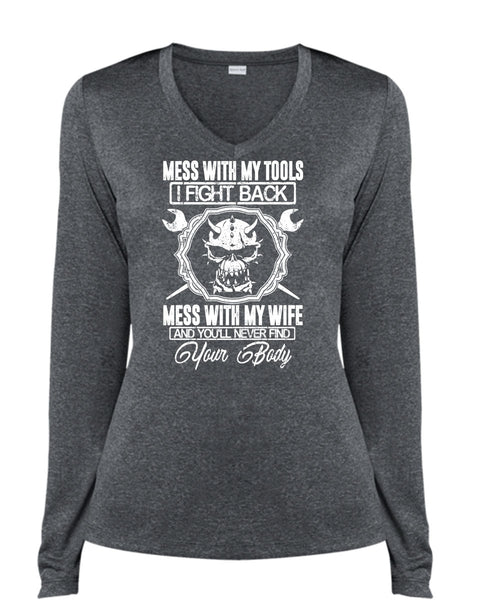 Mess With My Wife T Shirt, Mess With My Tools T Shirt, Cool Shirt (Ladies LS Heather V-Neck)