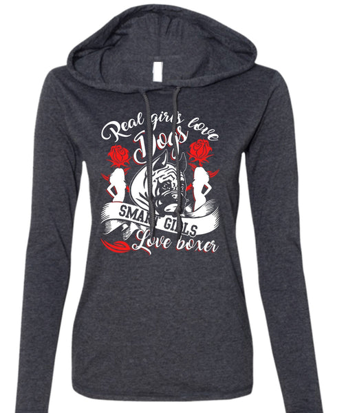 Real Girls Love Dogs T Shirt, Smart Girls Love Boxer T Shirt (Anvil Ladies Ringspun Hooded)