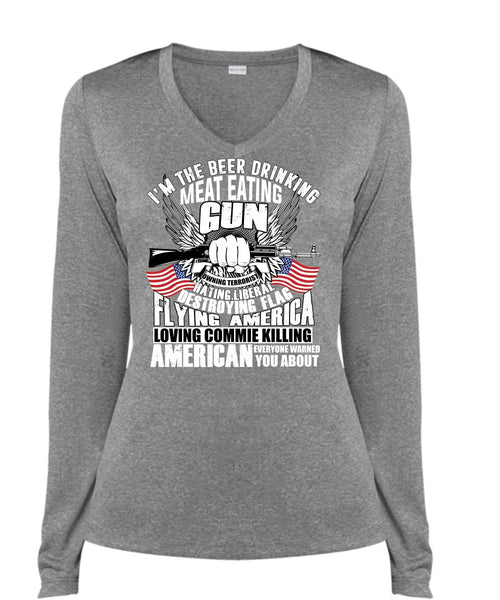 Meat Eating Gun T Shirt, Flying America T Shirt, Cool Shirt (Ladies LS Heather V-Neck)