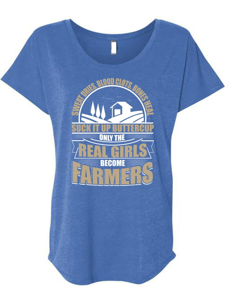 Real Girls Become Farmers T Shirt, Sweat Dries T Shirt, Cool Shirt (Ladies' Triblend Dolman Sleeve)