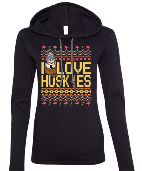 I Love Huskies T Shirt, This Girl Loves Christmas T Shirt (Anvil Ladies Ringspun Hooded)