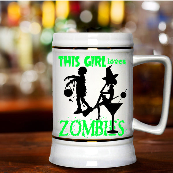 Cute Halloween Beer Stein 22oz, This Girl Loves Zombies Beer Mug