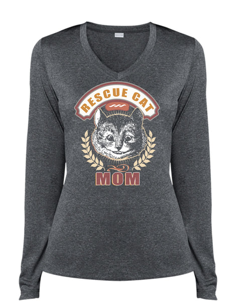 Rescue Cat Mom T Shirt, I Love My Cat T Shirt, Cool Shirt (Ladies LS Heather V-Neck)