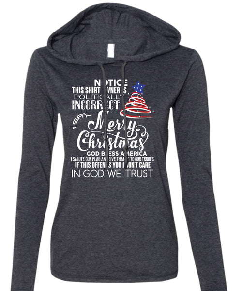 Merry Christmas T Shirt, God Bless America T Shirt (Anvil Ladies Ringspun Hooded)