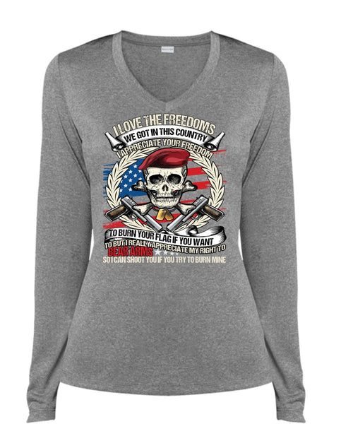 I Love The Freedoms T Shirt, Being A Veteran T Shirt, Cool Shirt (Ladies LS Heather V-Neck)