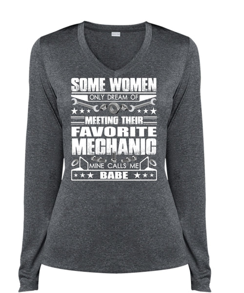 Favorite Mechanic T Shirt, Calls Me Babe T Shirt, Cool Shirt (Ladies LS Heather V-Neck)