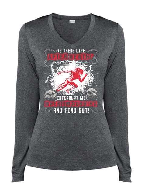 I'm Running T Shirt, Is There Life After Death T Shirt, Cool Shirt (Ladies LS Heather V-Neck)