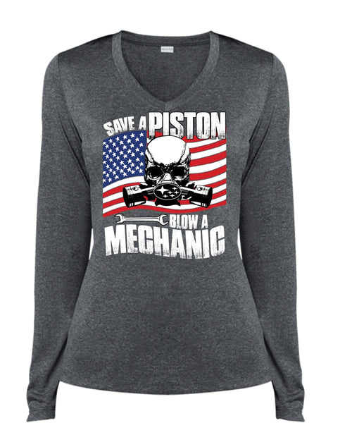 Save A Piston Blow A Mechanic T Shirt, I Love Mechanic T Shirt, Cool Shirt (Ladies LS Heather V-Neck)