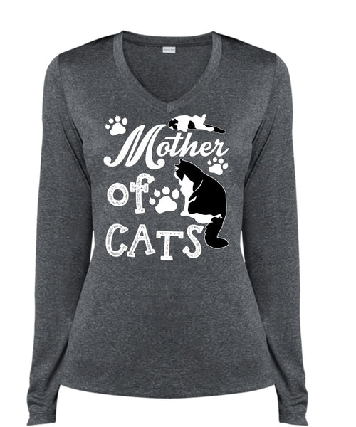 Mother Of Cats T Shirt, My Favorite T Shirt, Cool Shirt (Ladies LS Heather V-Neck)