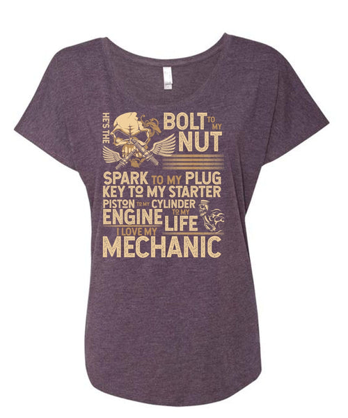 I Love My Mechanic T Shirt, Engine Life T Shirt, Cool Shirt (Ladies' Triblend Dolman Sleeve)