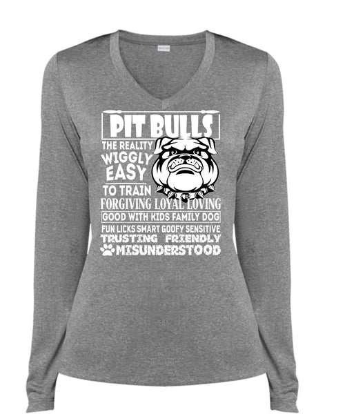 Pit Bulls The Reality Wiggly Easy T Shirt, Good With Kids Family Dog T Shirt, Cool Shirt (Ladies LS Heather V-Neck)