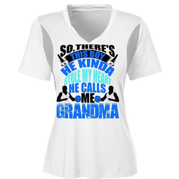 He Kinda Stole My Heart T Shirt, He Calls Me Grandma T Shirt, Cool Shirt (Ladies LS Heather V-Neck)