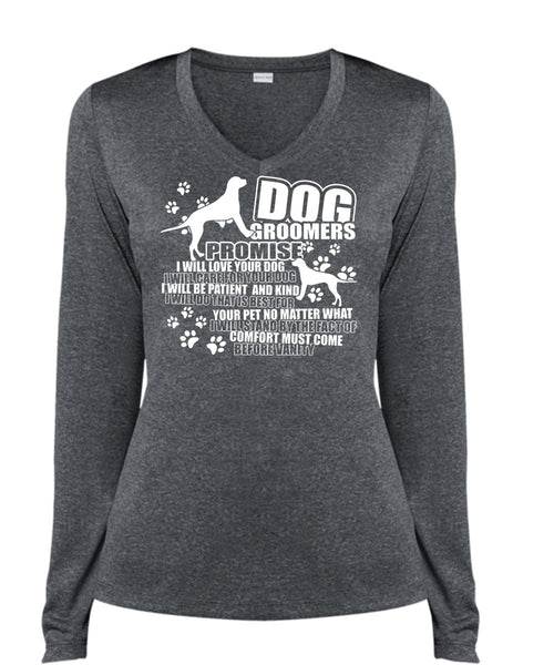 Dog Groomers Promise T Shirt, Being A Groomer T Shirt, Cool Shirt (Ladies LS Heather V-Neck)