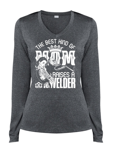 The Best Kind Of Mom T Shirt, Raises A Welder T Shirt, Cool Shirt (Ladies LS Heather V-Neck)