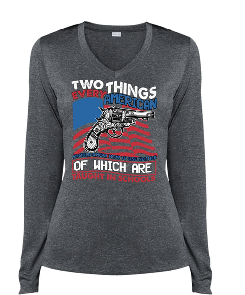 Two Things Every American T Shirt, Being A Gunner T Shirt, Cool Shirt (Ladies LS Heather V-Neck)