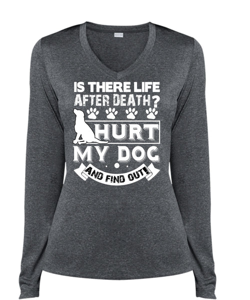 Hurt My Dog And Find Out T Shirt, Is There Life After Death T Shirt, Cool Shirt (Ladies LS Heather V-Neck)