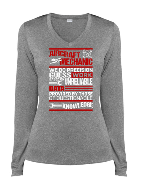 Aircraft Mechanic T Shirt, We Do Precision Guesswork T Shirt, Cool Shirt (Ladies LS Heather V-Neck)