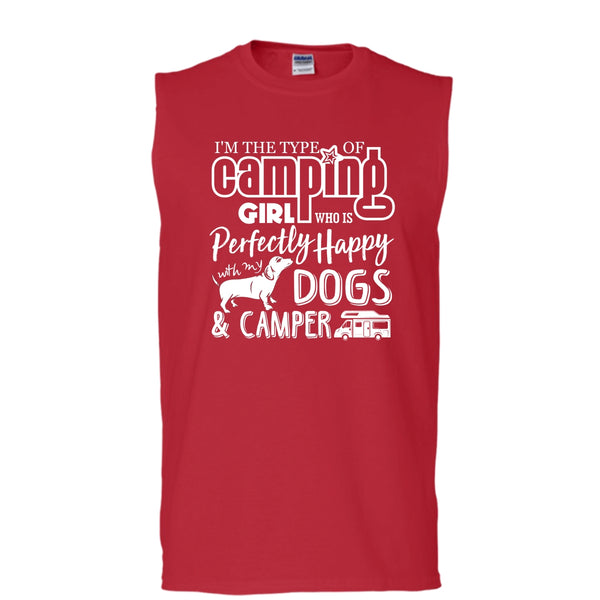 I'm The Type Of Camping Girl T Shirt, Happy With My Dogs & Camper T Shirt, Cool T Shirt (Men's Cotton Sleeveless)