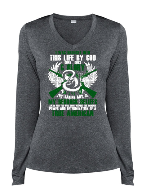 God Guns T Shirt, True American T Shirt, Cool Shirt (Ladies LS Heather V-Neck)