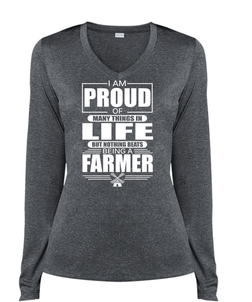 I Am Proud Of Many Things In Life T Shirt, Being A Farmer T Shirt, Cool Shirt (Ladies LS Heather V-Neck)