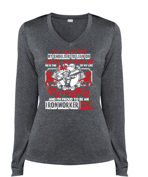 I'm Proud To Be An Ironworker Wife T Shirt, He Is My Best Friend T Shirt, Cool Shirt (Ladies LS Heather V-Neck)