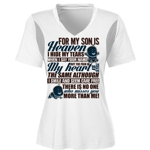 For My Son Is Heaven T Shirt, I Hide My Tears T Shirt, Cool Shirt (Ladies LS Heather V-Neck)