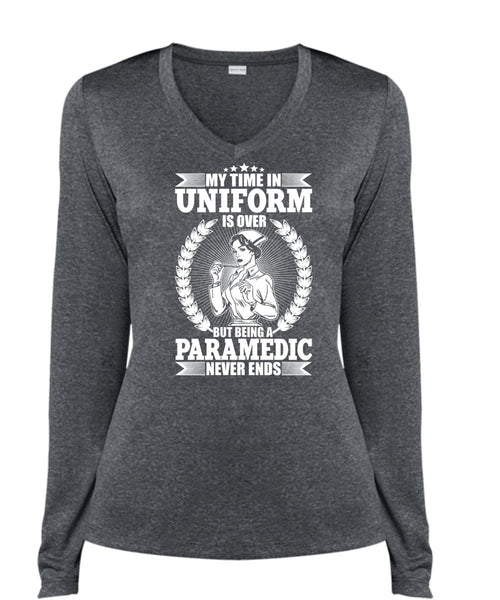 Being A Paramedic Never Ends T Shirt, Being A Paramedic T Shirt, Cool Shirt (Ladies LS Heather V-Neck)