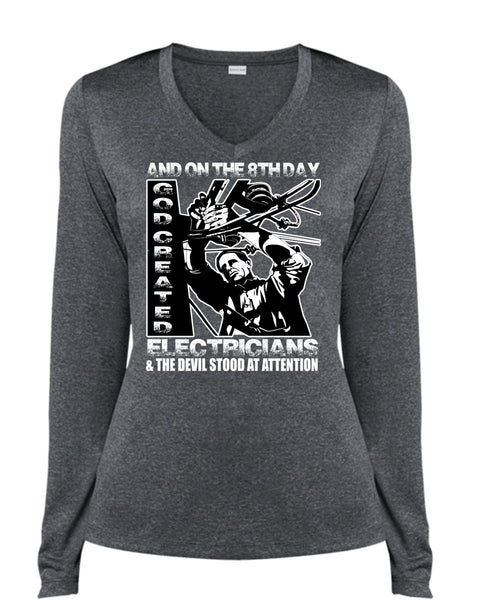 God Created Electricians T Shirt, Being An Electrician T Shirt, Cool Shirt (Ladies LS Heather V-Neck)