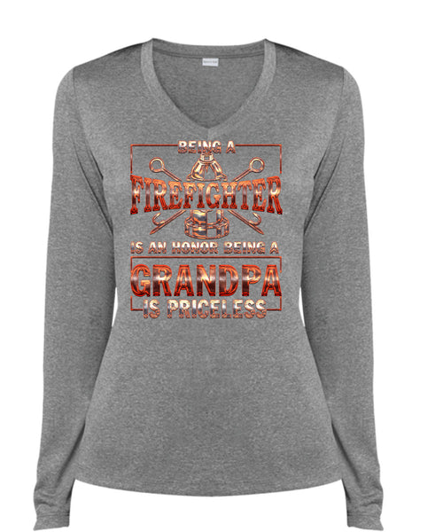 Being A Firefighter T Shirt, Grandpa Is Priceless T Shirt, Cool Shirt (Ladies LS Heather V-Neck)