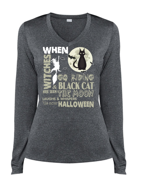 Go Riding And Black Cat Are Seen The Moon T Shirt, Tis Near Halloween T Shirt, Cool Shirt (Ladies LS Heather V-Neck)
