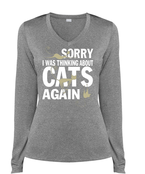 I Was Thinking About Cats Again T Shirt, My Favorite T Shirt, Cool Shirt (Ladies LS Heather V-Neck)
