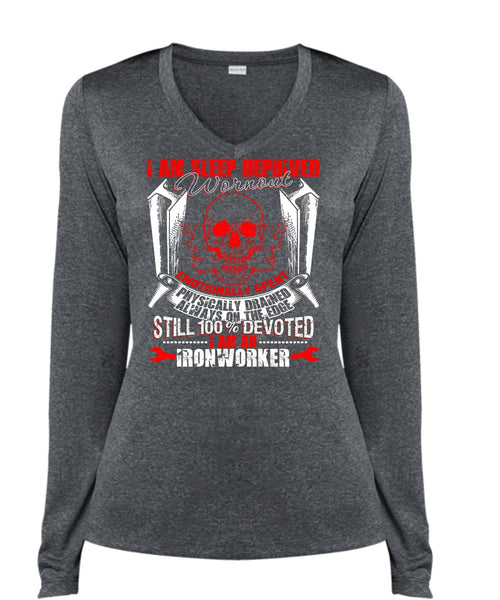 I Am An Ironworker T Shirt, Sleep Deprived Worn Out T Shirt, Cool Shirt (Ladies LS Heather V-Neck)