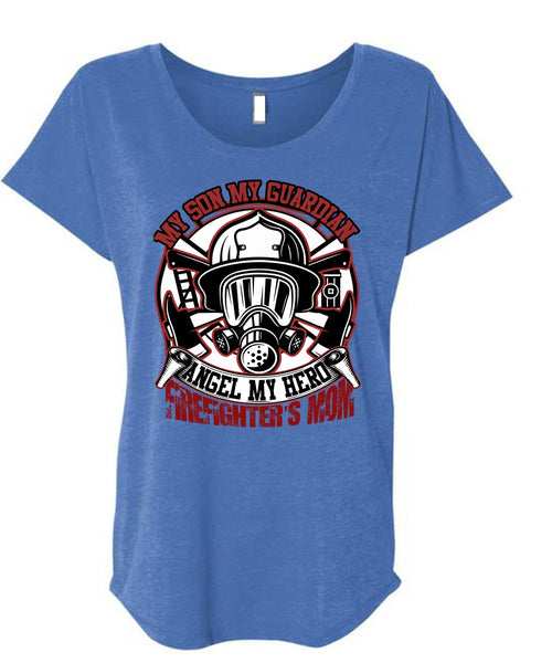 Firefighter's Mom T Shirt, My Son My Guardian Angel T Shirt, Cool Shirt (Ladies' Triblend Dolman Sleeve)