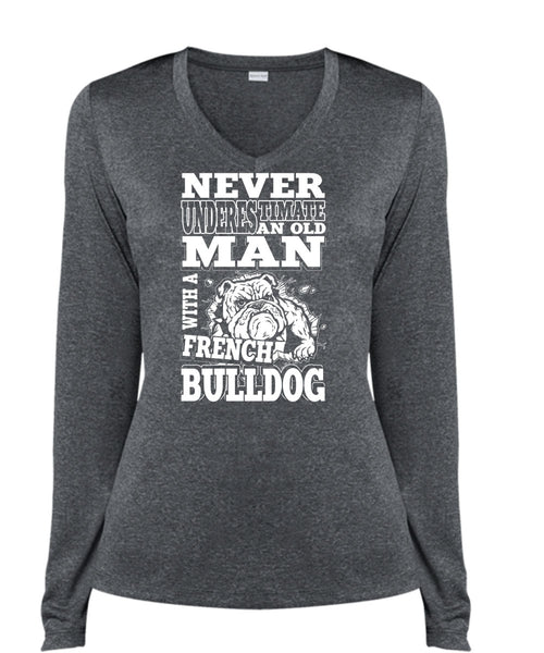 Old Man With A French Bulldog T Shirt, My Favorite T Shirt, Cool Shirt (Ladies LS Heather V-Neck)