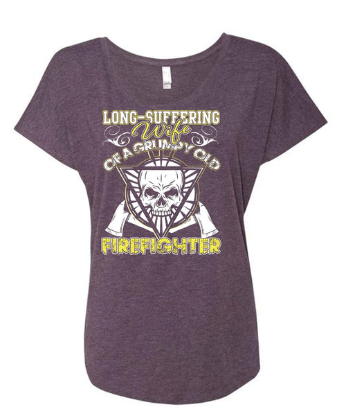 Long - Suffering Wife T Shirt, Grumpy Old Firefighter T Shirt, Cool Shirt (Ladies' Triblend Dolman Sleeve)