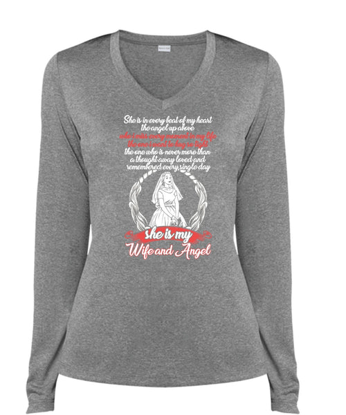 She Is My Wife And Angel T Shirt, Beat Of My Heart T Shirt, Cool Shirt (Ladies LS Heather V-Neck)
